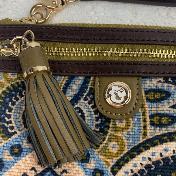 Spartina Linen & leather Wristlet Pouch bag Paisley Blue Tan Boho Gold Zipper - Picture 2 of 13